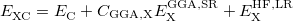 \begin{equation} \label{eq:Exc_ LRC2} E_{\rm XC}^{} = E_{\rm C}^{} + C_{\rm GGA,X} E_{\rm X}^{\rm GGA, SR} + E_{\rm X}^{\rm HF, LR} \end{equation}