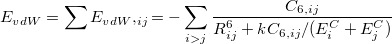 \begin{equation}  E_{vdW}=\sum E_{vdW},_{ij}=-\sum _{i>j}\frac{C_{6,ij}}{R_{ij}^{6} +kC_{6,ij}/(E_{i}^{C}+E_{j}^{C})} \end{equation}