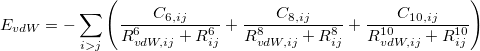 \begin{equation}  E_{vdW}=-\sum _{i>j}\left(\frac{C_{6,ij}}{R_{vdW,ij}^{6}+R_{ij}^{6}}+\frac{C_{8,ij}}{R_{vdW,ij}^{8}+R_{ij}^{8}}+\frac{C_{10,ij}}{R_{vdW,ij}^{10} +R_{ij}^{10}}\right) \end{equation}