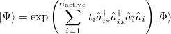 \begin{equation}  \label{eqn:PP} \left| \Psi \right\rangle =\exp \left( {\sum _{i=1}^{n_{\ensuremath{\mathrm{active}}} } {t_ i \hat{a}_{i\ast }^{\dag } \hat{a}_{\bar{i}\ast }^{\dag } \hat{a}_{\bar{i}} \hat{a}_ i } } \right)\left| \Phi \right\rangle \end{equation}