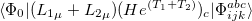 $\displaystyle  \langle \Phi _{0}| ({L_{1}}_{\mu } + {L_{2}}_{\mu }) (H e^{(T_{1}+T_{2})})_{c} | \Phi _{ijk}^{abc}\rangle  $
