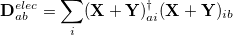 \begin{equation}  \mathbf{D}_{ab}^{elec} = \sum _ i (\mathbf{X}+\mathbf{Y})^\dagger _{ai} (\mathbf{X}+\mathbf{Y})_{ib} \end{equation}