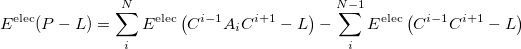 \begin{equation} \label{eq:mfcc-fefp-elec} E^{\mathrm{elec}} (P-L) = \sum _{i}^{N}{E^{\mathrm{elec}} \left(C^{i-1} A_{i} C^{i+1} - L \right)} - \sum _{i}^{N-1}{E^{\mathrm{elec}} \left( C^{i-1}C^{i+1} - L \right)} \end{equation}