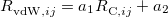 \begin{equation}  R_{{\rm vdW},ij}^{{}}=a_{1}R_{{\rm C},ij}^{{}}+a_{2} \end{equation}