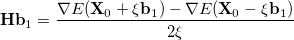 \begin{equation}  \mathbf{Hb}_1 = \frac{\nabla E(\mathbf{X}_0 + \xi \mathbf{b}_1) -\nabla E(\mathbf{X}_0 - \xi \mathbf{b}_1)}{2\xi } \label{eq:fd_ mat_ vec} \end{equation}