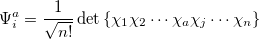 \begin{equation} \label{eq606} \Psi _ i^ a =\frac{1}{\sqrt {n!} }\det \left\{  {\chi _1 \chi { }_2\cdots \chi _ a \chi { }_ j\cdots \chi _ n } \right\}  \end{equation}