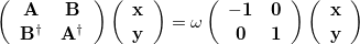 \begin{equation} \label{eq:TDDFT} \left(\begin{array}{cc} \ensuremath{\mathbf{A}} &  \ensuremath{\mathbf{B}} \\ \ensuremath{\mathbf{B}}^\dagger &  \ensuremath{\mathbf{A}}^\dagger \\ \end{array}\right) \left(\begin{array}{c} \ensuremath{\mathbf{x}} \\ \ensuremath{\mathbf{y}} \end{array}\right) = \omega \left(\begin{array}{cc} \ensuremath{\mathbf{-1}} &  \ensuremath{\mathbf{0}} \\ \ensuremath{\mathbf{0}} &  \ensuremath{\mathbf{1}} \\ \end{array}\right) \left(\begin{array}{c} \ensuremath{\mathbf{x}} \\ \ensuremath{\mathbf{y}} \end{array}\right) \end{equation}