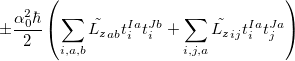 $\displaystyle  \pm \frac{\alpha _0^2\hbar }{2}\left(\sum \limits _{i,a,b}{\tilde{L_ z}}_{ab}t^{Ia}_ it^{Jb}_ i+\sum \limits _{i,j,a}{\tilde{L_ z}}_{ij}t^{Ia}_ it^{Ja}_ j\right)  $