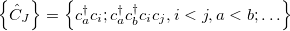 \begin{equation}  \left\{ \hat{C}_ J\right\}  = \left\{  c^\dagger _ a c_ i; c^\dagger _ a c^\dagger _ b c_ i c_ j, i < j, a < b; \ldots \right\}  \end{equation}