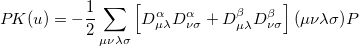 \begin{equation}  P_\ensuremath{\mathrm{}}{K}(u) = -\frac{1}{2} \sum _{\mu \nu \lambda \sigma } \left[ D_{\mu \lambda }^\alpha D_{\nu \sigma }^\alpha + D_{\mu \lambda }^\beta D_{\nu \sigma }^\beta \right] ({\mu \nu \lambda \sigma })_\ensuremath{\mathrm{}}{P} \end{equation}