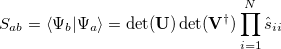 \begin{equation} \label{eq:1par} S_{ab} = \ensuremath{\langle }\Psi _{b} | \Psi _{a} \ensuremath{\rangle }= \det (\ensuremath{\mathbf{U}})\det (\ensuremath{\mathbf{V}}^{\dagger }) \prod _{i=1}^{N} \hat{s}_{ii} \end{equation}