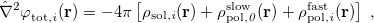 \begin{equation} \label{eq:neq1} \hat{\nabla }^{2} \varphi ^{}_{\rm tot,\it i}(\mathbf{r}) = -4\pi \left[ \rho _{\rm sol, \it i}(\mathbf{r}) + \rho ^{\rm slow}_{\rm pol,\it 0}(\mathbf{r}) + \rho ^{\rm fast}_{\rm pol, \it i}(\mathbf{r}) \right] \; , \end{equation}