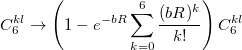 \begin{equation} \label{eq:disp_ TT_ damp} C_6^{kl} \rightarrow \left( 1 - e^{-bR} \sum _{k=0}^6 {{(bR)^ k} \over {k!}} \right) C_6^{kl} \end{equation}