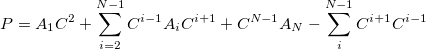 \begin{equation} \label{eq:mfcc} P = A_1C^2 + \sum _{i=2}^{N-1} C^{i-1}A_ iC^{i+1} + C^{N-1}A_ N - \sum _{i}^{N-1} C^{i+1}C^{i-1} \end{equation}