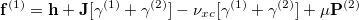 \begin{equation} \label{eq:des_ fock} \mathbf{f}^{(1)} = \mathbf{h} + \mathbf{J}[\gamma ^{(1)} + \gamma ^{(2)}] - \nu _{xc}[\gamma ^{(1)} + \gamma ^{(2)}] + \mu \mathbf{P}^{(2)} \end{equation}