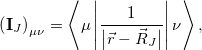 \begin{equation} \label{eq:I} \left( \mathbf{I}_ J \right)_{\mu \nu } = \left\langle \mu \left| \frac{1}{\bigl |\vec{r}-\vec{R}_ J \bigr |} \right| \nu \right\rangle , \end{equation}