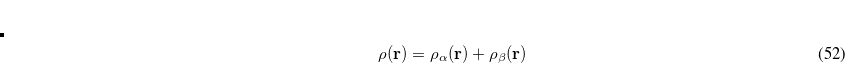 \begin{equation} \label{eq431} \rho (\ensuremath{\mathbf{r}}) = \sum _{\mu \nu } P_{\mu \nu } \phi _\mu (\ensuremath{\mathbf{r}}) \phi _\nu (\ensuremath{\mathbf{r}}) \;  , \end{equation}