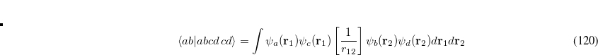 \begin{equation} \label{eq515} \left\langle {ab} {\left| {{{ab} {cd}}} \right. \kern -}\nulldelimiterspace0.0pt{cd} \right\rangle =\sum _\mu {\sum _\nu {\sum _\lambda {\sum _\sigma {C_{\mu a} C_{\nu c} C_{\lambda b} C_{\sigma d} \left( {\mu \nu \vert \lambda \sigma } \right)} } } } \end{equation}