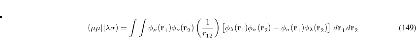 \begin{equation} \label{eq605} E_{\ensuremath{\mathrm{HF}}} =\sum \limits _{\mu \upsilon } {P_{\mu \upsilon }^{\ensuremath{\mathrm{HF}}} H_{\mu \upsilon } } +\frac{1}{2}\sum \limits _{\mu \upsilon \lambda \sigma } {P_{\mu \upsilon }^{\ensuremath{\mathrm{HF}}} P_{\lambda \sigma }^{\ensuremath{\mathrm{HF}}} \left( {\mu \lambda } \right.\vert \vert \left. {\upsilon \sigma } \right)} +V_{\ensuremath{\mathrm{nuc}}} \end{equation}
